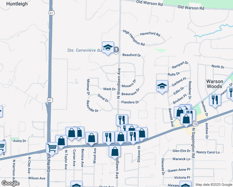 map of restaurants, bars, coffee shops, grocery stores, and more near 1422 Michele Drive in St. Louis