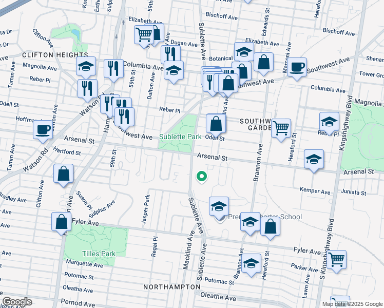 map of restaurants, bars, coffee shops, grocery stores, and more near Arsenal St & Sublette Ave in St. Louis