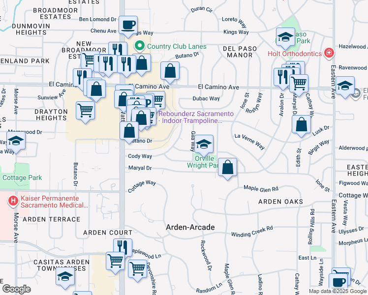 map of restaurants, bars, coffee shops, grocery stores, and more near 3715 Lynwood Way in Sacramento