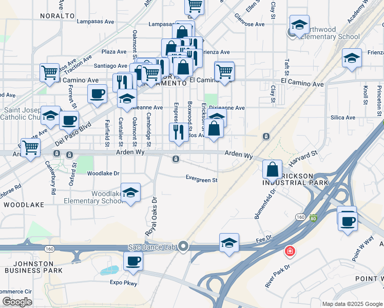 map of restaurants, bars, coffee shops, grocery stores, and more near 924 Arden Way in Sacramento