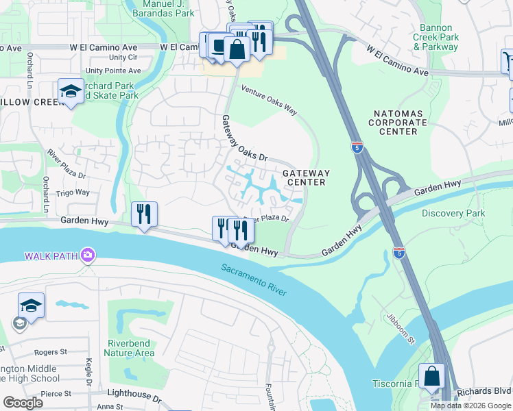 map of restaurants, bars, coffee shops, grocery stores, and more near 2227 River Plaza Drive in Sacramento