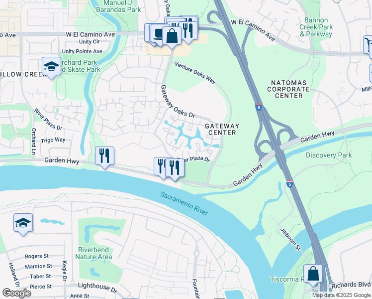 map of restaurants, bars, coffee shops, grocery stores, and more near 2227 River Plaza Drive in Sacramento