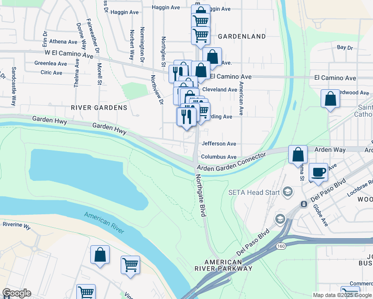 map of restaurants, bars, coffee shops, grocery stores, and more near in Sacramento