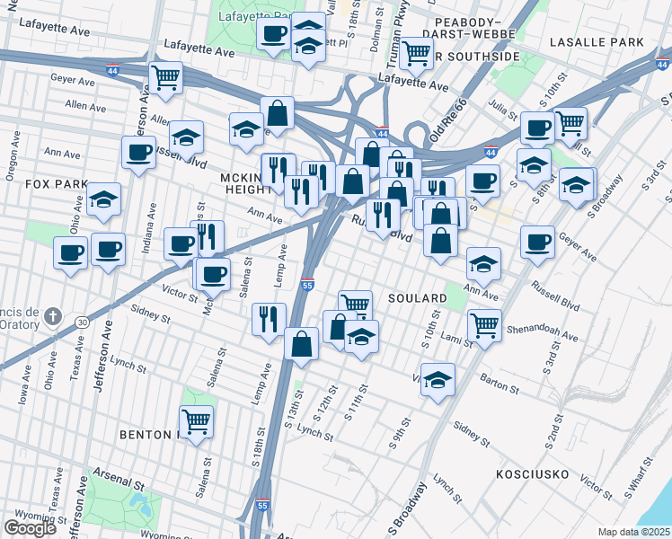 map of restaurants, bars, coffee shops, grocery stores, and more near 2214 Dolman Street in St. Louis