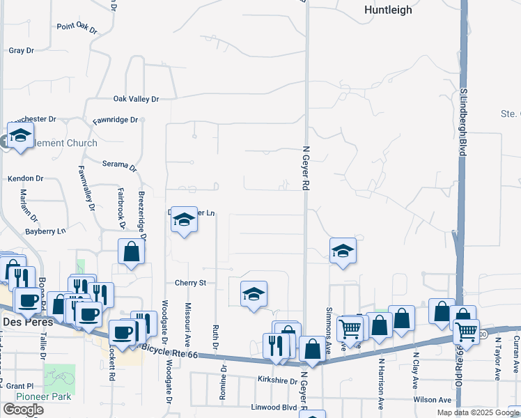 map of restaurants, bars, coffee shops, grocery stores, and more near 556 Timberwyck Drive in Frontenac