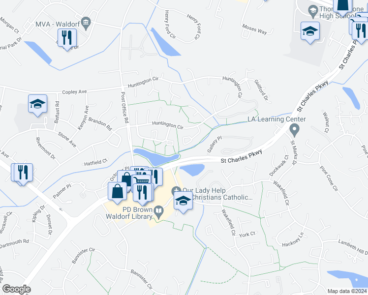 map of restaurants, bars, coffee shops, grocery stores, and more near 3661 Kempsford Field Place in Waldorf