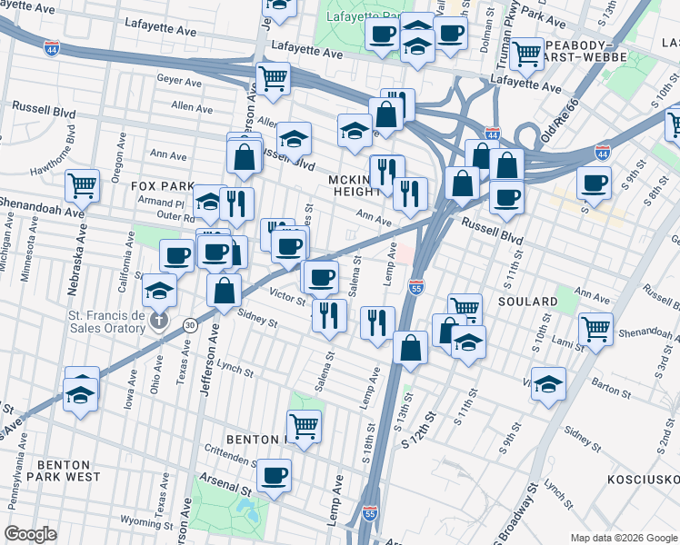map of restaurants, bars, coffee shops, grocery stores, and more near 2108 Gravois Avenue in St. Louis