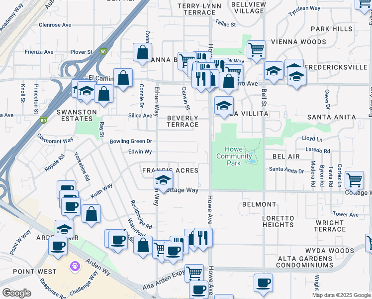 map of restaurants, bars, coffee shops, grocery stores, and more near 2045 Bowling Green Drive in Sacramento