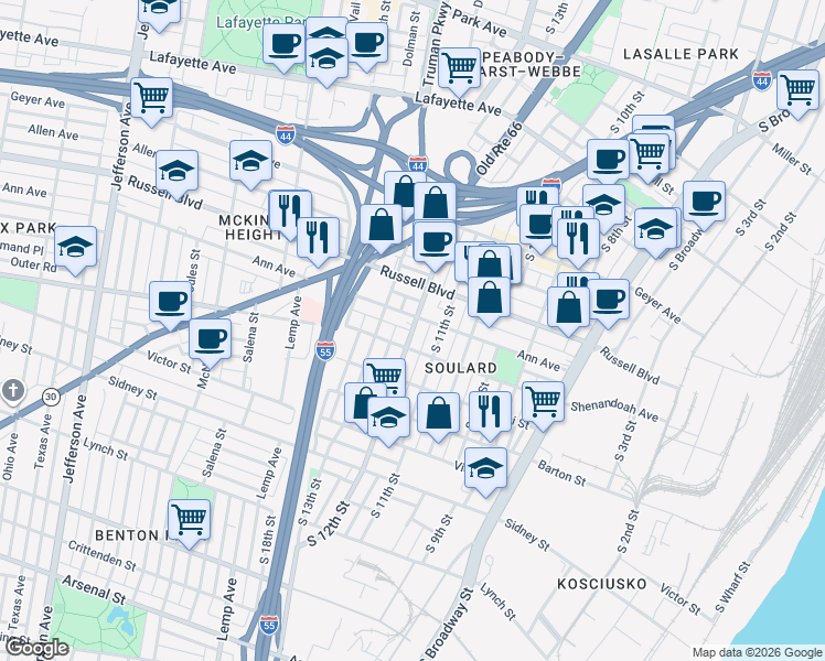 map of restaurants, bars, coffee shops, grocery stores, and more near South 12th Street in St. Louis
