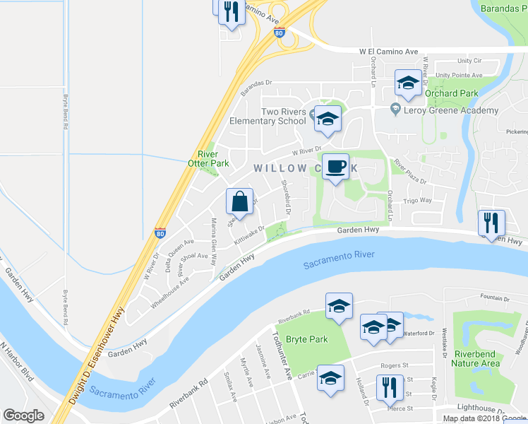 map of restaurants, bars, coffee shops, grocery stores, and more near 2324 Swainson Way in Sacramento
