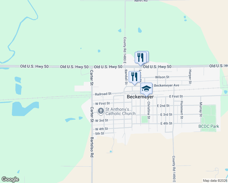 map of restaurants, bars, coffee shops, grocery stores, and more near 290 Randall Street in Beckemeyer