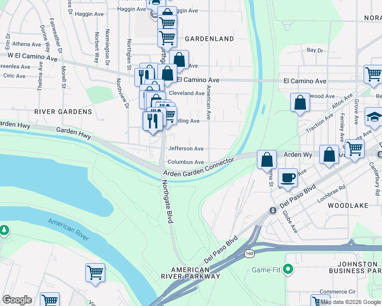 map of restaurants, bars, coffee shops, grocery stores, and more near 445 Jefferson Avenue in Sacramento