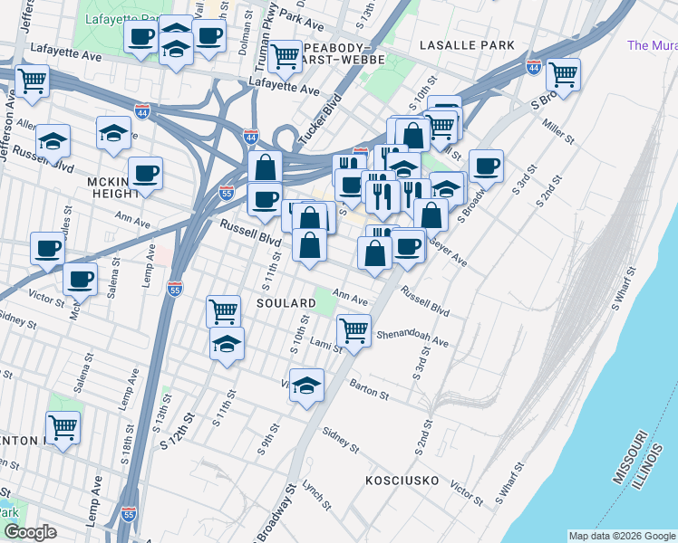 map of restaurants, bars, coffee shops, grocery stores, and more near 905 Russell Boulevard in St. Louis
