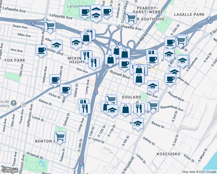 map of restaurants, bars, coffee shops, grocery stores, and more near 2203 South 13th Street in St. Louis