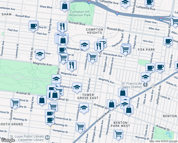 map of restaurants, bars, coffee shops, grocery stores, and more near 2609 Virginia Avenue in St. Louis