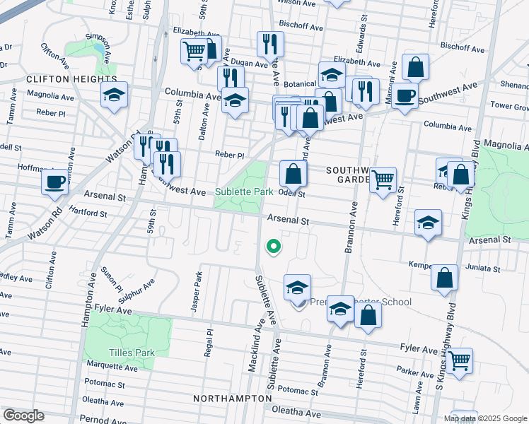 map of restaurants, bars, coffee shops, grocery stores, and more near 5428 Odell Street in St. Louis