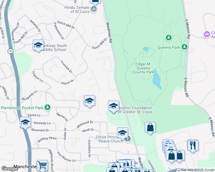 map of restaurants, bars, coffee shops, grocery stores, and more near 720 Turtle Cove in Ballwin