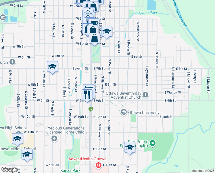 map of restaurants, bars, coffee shops, grocery stores, and more near 745 South Hickory Street in Ottawa