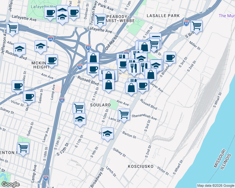 map of restaurants, bars, coffee shops, grocery stores, and more near 905 Russell Boulevard in St. Louis