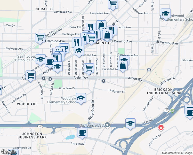 map of restaurants, bars, coffee shops, grocery stores, and more near 1737 Beaumont Street in Sacramento