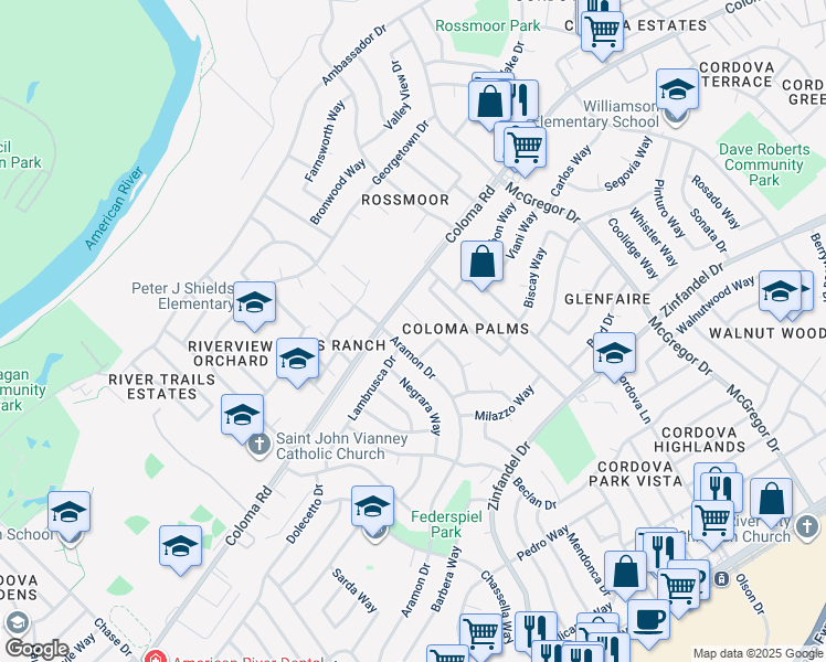 map of restaurants, bars, coffee shops, grocery stores, and more near 2320 Heather Glen Lane in Rancho Cordova