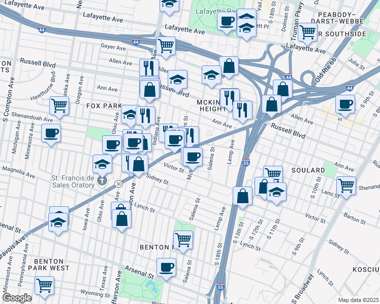 map of restaurants, bars, coffee shops, grocery stores, and more near 2108 Gravois Avenue in St. Louis