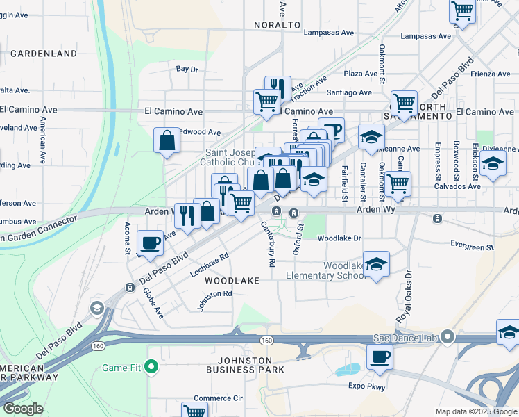 map of restaurants, bars, coffee shops, grocery stores, and more near Arden Way & Del Paso Blvd in Sacramento
