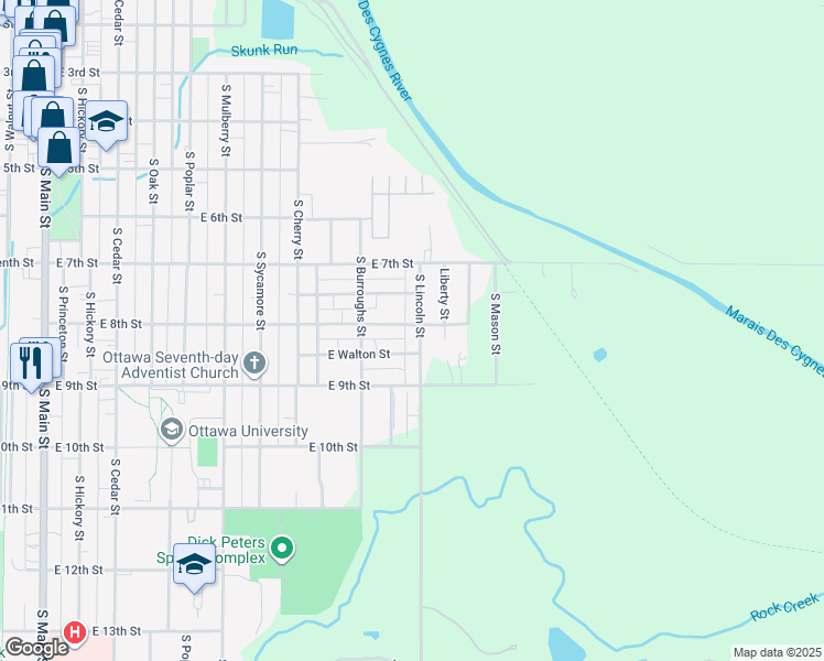 map of restaurants, bars, coffee shops, grocery stores, and more near 740 South Lincoln Street in Ottawa