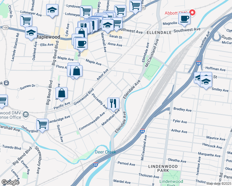 map of restaurants, bars, coffee shops, grocery stores, and more near 3303 Oxford Avenue in St. Louis
