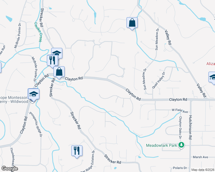 map of restaurants, bars, coffee shops, grocery stores, and more near 16354 Clayton Road in Ballwin