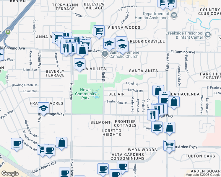 map of restaurants, bars, coffee shops, grocery stores, and more near 2298 Bell Street in Sacramento