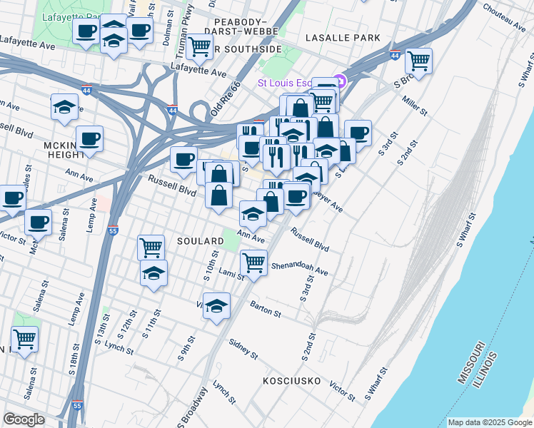 map of restaurants, bars, coffee shops, grocery stores, and more near 2003 South 8th Street in St. Louis