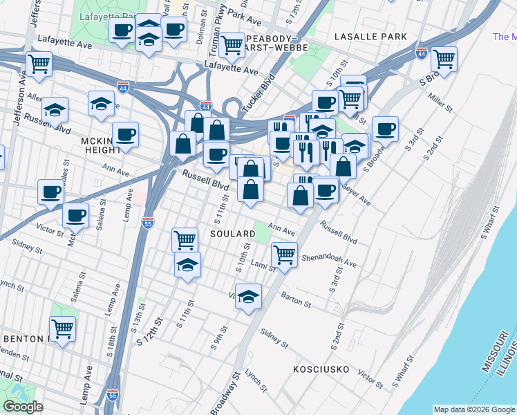 map of restaurants, bars, coffee shops, grocery stores, and more near 1006 Russell Boulevard in St. Louis