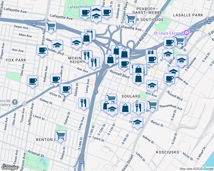 map of restaurants, bars, coffee shops, grocery stores, and more near 2203 South 13th Street in St. Louis