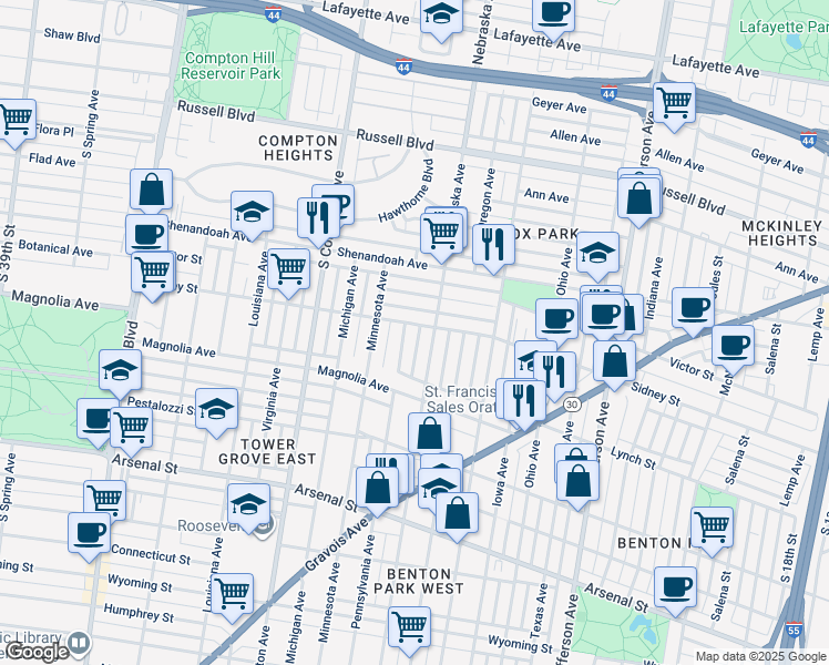 map of restaurants, bars, coffee shops, grocery stores, and more near 3003 Sidney Street in St. Louis