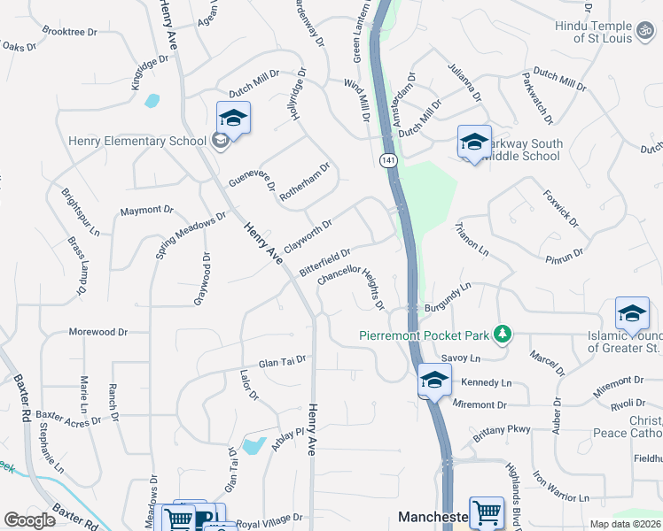 map of restaurants, bars, coffee shops, grocery stores, and more near 711 Bitterfield Drive in Ballwin