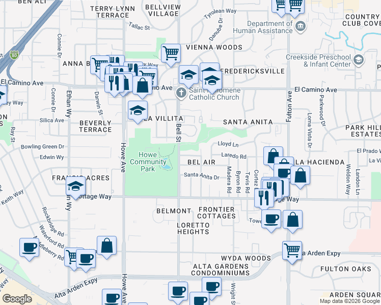 map of restaurants, bars, coffee shops, grocery stores, and more near 2298 Bell Street in Sacramento