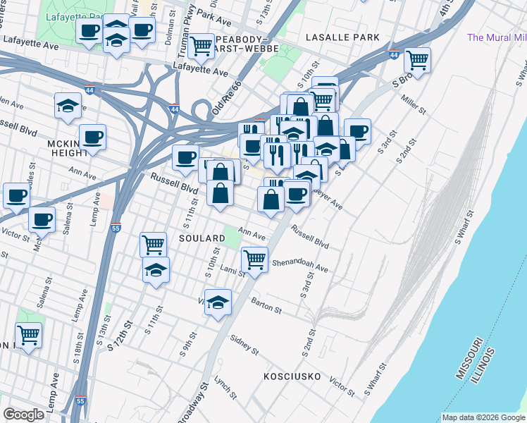map of restaurants, bars, coffee shops, grocery stores, and more near 2003 South 8th Street in St. Louis