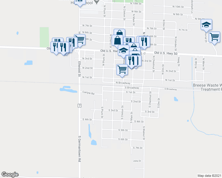 map of restaurants, bars, coffee shops, grocery stores, and more near 356 South Broadway in Breese