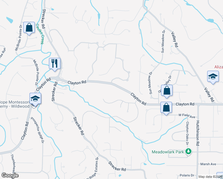 map of restaurants, bars, coffee shops, grocery stores, and more near 16354 Clayton Road in Ballwin
