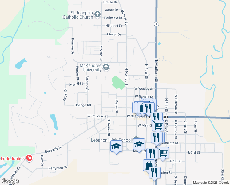 map of restaurants, bars, coffee shops, grocery stores, and more near 505 West Randle Street in Lebanon