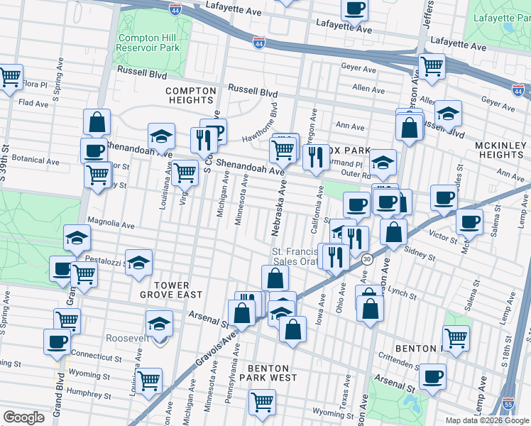 map of restaurants, bars, coffee shops, grocery stores, and more near 3003 Sidney Street in St. Louis
