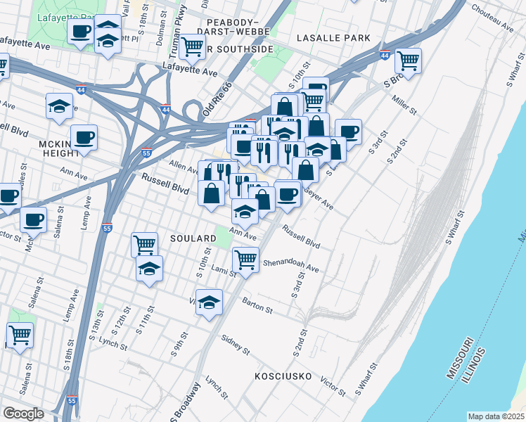 map of restaurants, bars, coffee shops, grocery stores, and more near 2023 South 8th Street in St. Louis