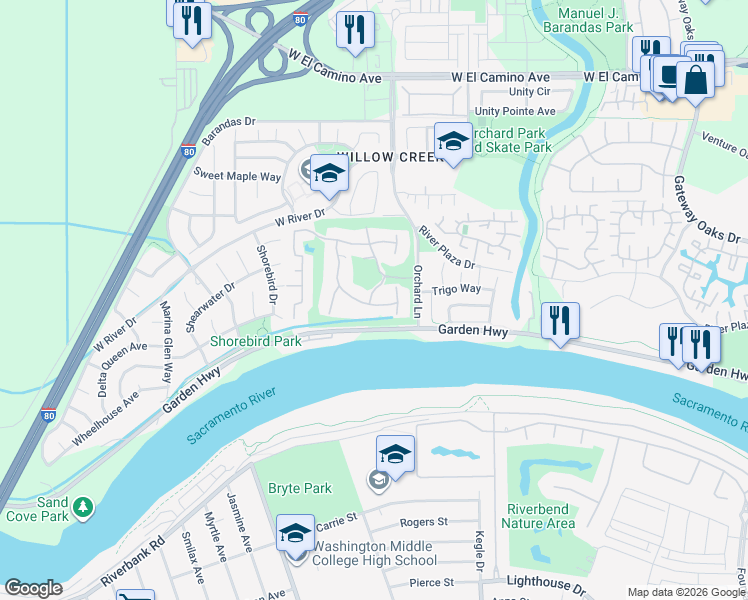 map of restaurants, bars, coffee shops, grocery stores, and more near 3201 Swallows Nest Drive in Sacramento