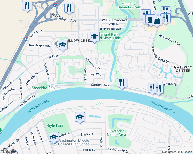 map of restaurants, bars, coffee shops, grocery stores, and more near 2 Las Uvas Court in Sacramento