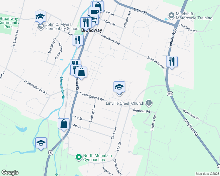 map of restaurants, bars, coffee shops, grocery stores, and more near 223 East Springbrook Road in Broadway