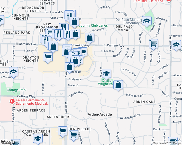 map of restaurants, bars, coffee shops, grocery stores, and more near 3625 Cody Way in Sacramento