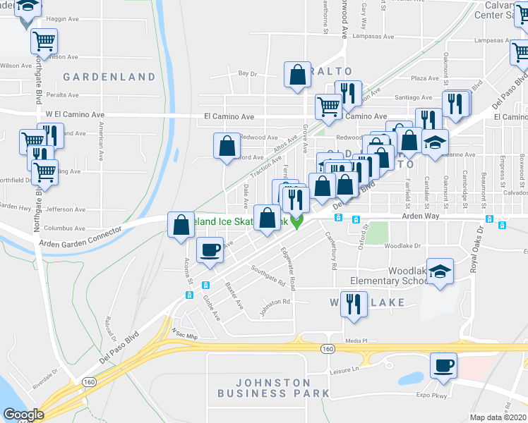 map of restaurants, bars, coffee shops, grocery stores, and more near 2230 Dale Avenue in Sacramento