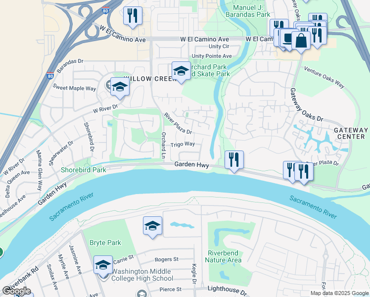 map of restaurants, bars, coffee shops, grocery stores, and more near 2 Las Uvas Court in Sacramento