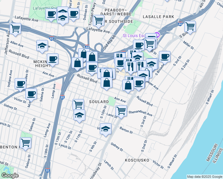 map of restaurants, bars, coffee shops, grocery stores, and more near 1006 Russell Boulevard in St. Louis